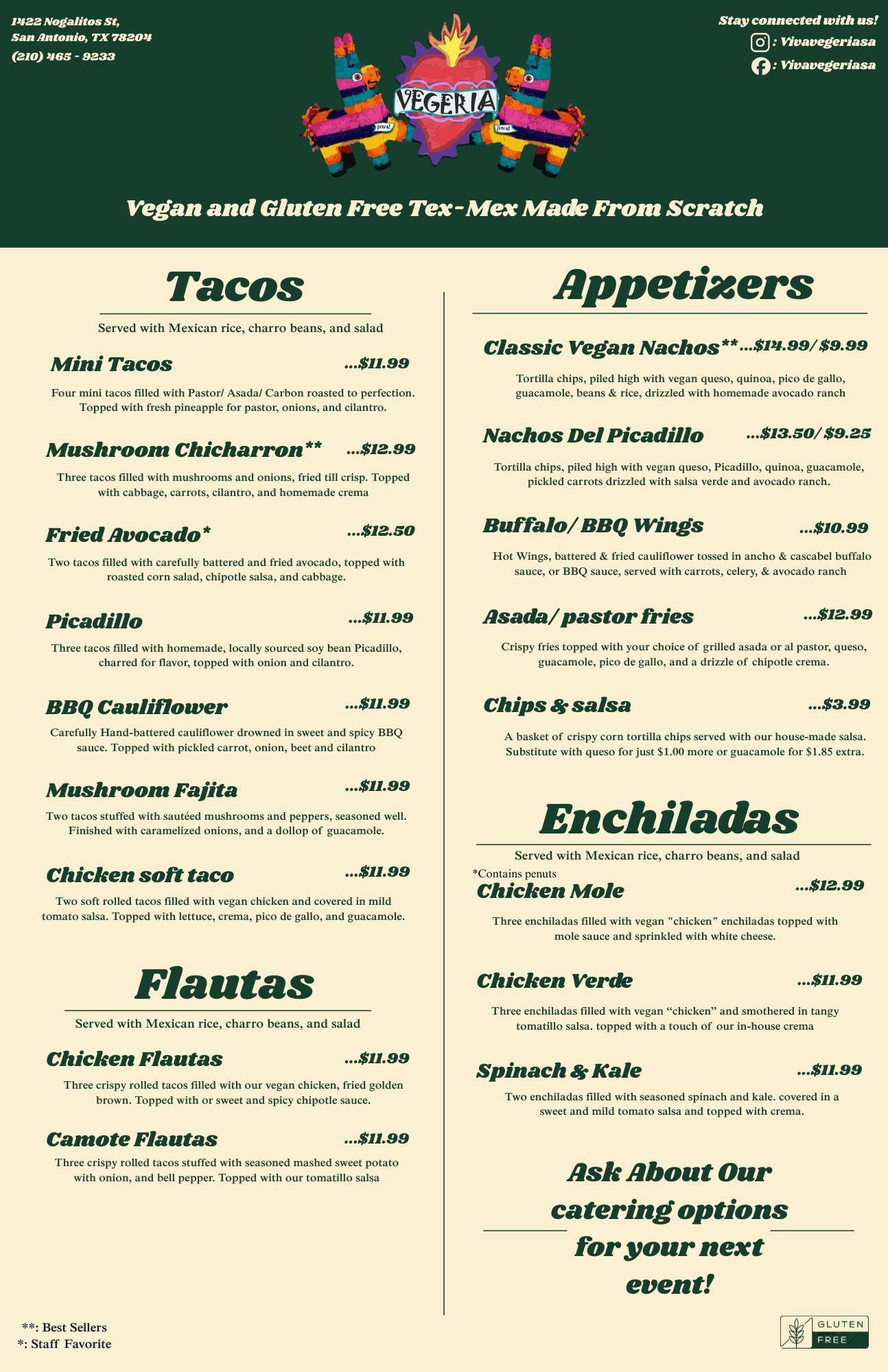Viva Vegeria Menu - Page 1: Tacos, Flautas, Appetizers, Enchiladas