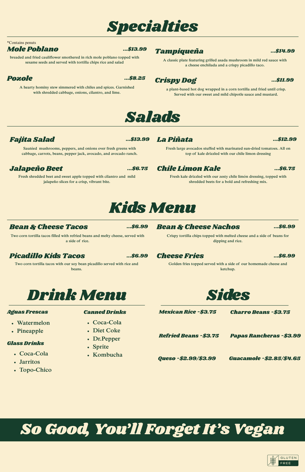 Viva Vegeria Menu - Page 2: Specialties, Salads, Kids Menu, Drinks, Sides